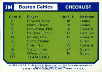 1975-76 Topps - Team Checklists #204 Boston Celtics Front