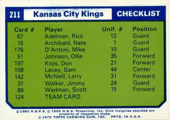 1975-76 Topps - Team Checklists #211 Kansas City Kings Front