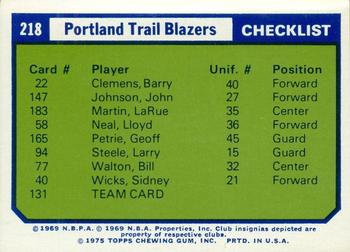 1975-76 Topps - Team Checklists #218 Portland Trail Blazers Front