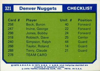 1975-76 Topps - Team Checklists #321 Denver Nuggets Front