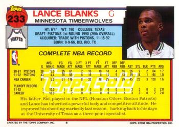 1992-93 Topps - Gold #233 Lance Blanks Back