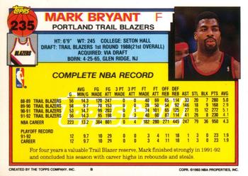 1992-93 Topps - Gold #235 Mark Bryant Back