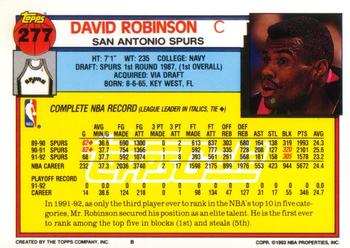 1992-93 Topps - Gold #277 David Robinson Back
