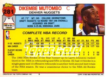 1992-93 Topps - Gold #281 Dikembe Mutombo Back