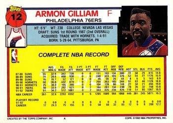1992-93 Topps - Gold #12 Armon Gilliam Back