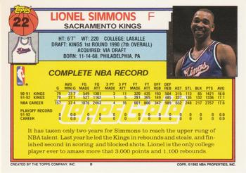 1992-93 Topps - Gold #22 Lionel Simmons Back