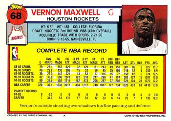1992-93 Topps - Gold #68 Vernon Maxwell Back