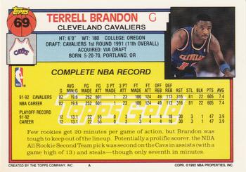 1992-93 Topps - Gold #69 Terrell Brandon Back