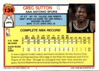 1992-93 Topps - Gold #136 Greg Sutton Back