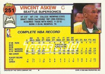 1992-93 Topps - Gold #251 Vincent Askew Back