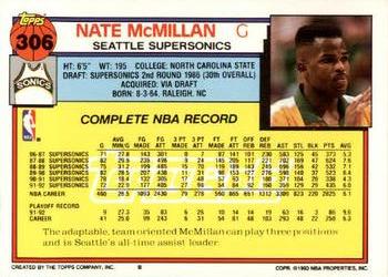 1992-93 Topps - Gold #306 Nate McMillan Back