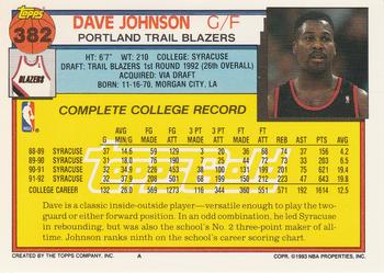1992-93 Topps - Gold #382 Dave Johnson Back