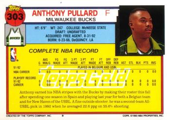 1992-93 Topps - Gold #303 Anthony Pullard Back