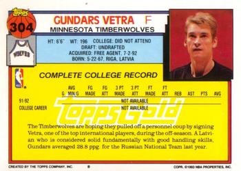 1992-93 Topps - Gold #304 Gundars Vetra Back
