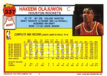 1992-93 Topps - Gold #337 Hakeem Olajuwon Back