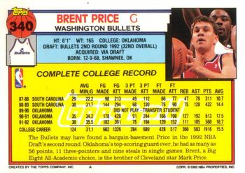 1992-93 Topps - Gold #340 Brent Price Back