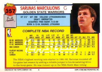 1992-93 Topps - Gold #357 Sarunas Marciulionis Back