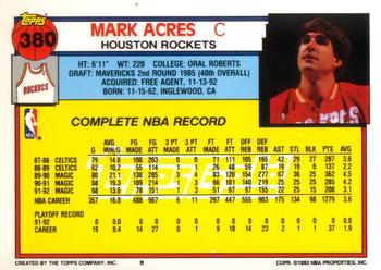1992-93 Topps - Gold #380 Mark Acres Back