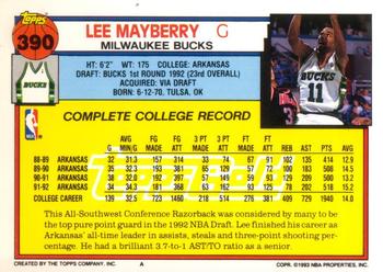 1992-93 Topps - Gold #390 Lee Mayberry Back