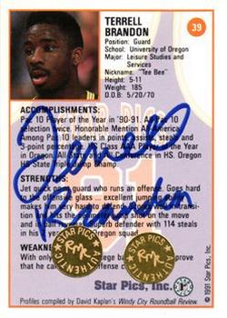 1991 Star Pics - Autographs #39 Terrell Brandon Back
