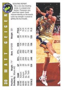 1992 Classic Draft Picks - Gold #30 Matt Geiger Back