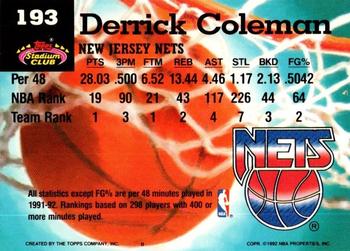 1992-93 Stadium Club - Members Only #193 Derrick Coleman Back