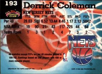 1992-93 Stadium Club - Members Only #193 Derrick Coleman Back