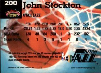 1992-93 Stadium Club - Members Only #200 John Stockton Back