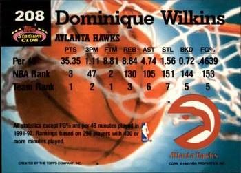 1992-93 Stadium Club - Members Only #208 Dominique Wilkins Back
