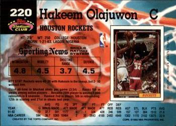 1992-93 Stadium Club - Members Only #220 Hakeem Olajuwon Back