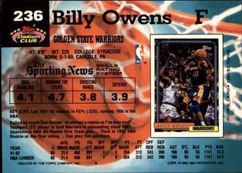 1992-93 Stadium Club - Members Only #236 Billy Owens Back