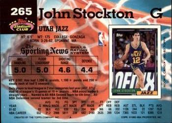1992-93 Stadium Club - Members Only #265 John Stockton Back