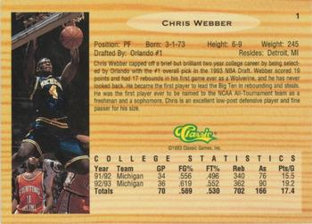1993 Classic Draft Picks - Gold #1 Chris Webber Back