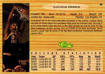 1993 Classic Draft Picks - Gold #39 Lucious Harris Back