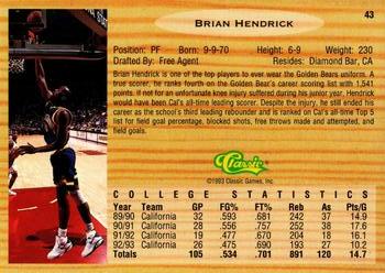 1993 Classic Draft Picks - Gold #43 Brian Hendrick Back