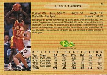 1993 Classic Draft Picks - Gold #71 Justus Thigpen Back