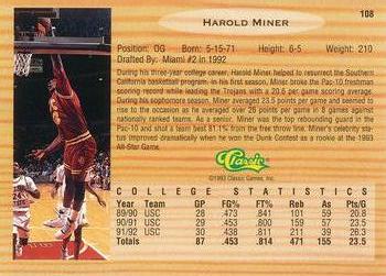1993 Classic Draft Picks - Gold #108 Harold Miner Back