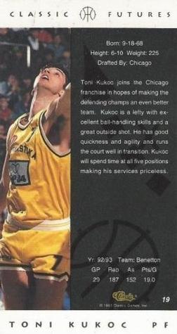 1993 Classic Futures #19 Toni Kukoc Back