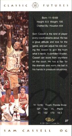 1993 Classic Futures #37 Sam Cassell Back