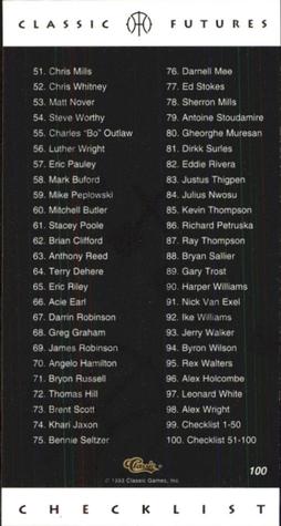 1993 Classic Futures #100 Checklist: 51-100 Back
