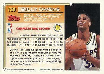 1993-94 Topps - Gold #138 Billy Owens Back