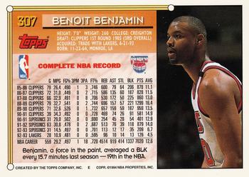 1993-94 Topps - Gold #307 Benoit Benjamin Back