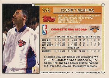 1993-94 Topps - Gold #378 Corey Gaines Back