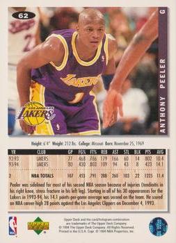 Los Angeles Lakers - LOS ANGELES Lakers, 94/96- Carte Basketball - Anthony  PEELER - N.B.A . n° 90. 2 scan