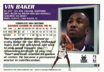 1994-95 Topps - Spectralight #93 Vin Baker Back