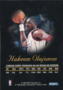 1996-97 SkyBox Premium - Autographics Blue Ink #NNO Hakeem Olajuwon Back