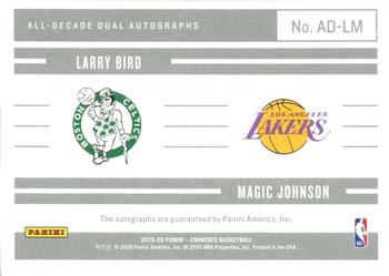 2019-20 Panini Eminence - All-Decade Dual Autographs Platinum #AD-LM Larry Bird / Magic Johnson Back