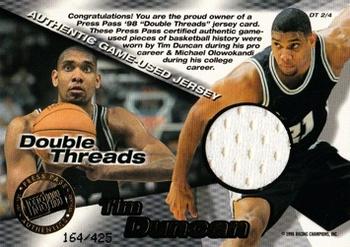 1998 Press Pass Double Threat - Double Thread Jerseys #DT2 Michael Olowokandi / Tim Duncan Back