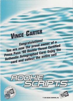 1998 Press Pass Double Threat - Rookie Script Autographs #NNO Vince Carter Back