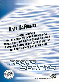 1998 Press Pass Double Threat - Rookie Script Autographs #NNO Raef LaFrentz Back